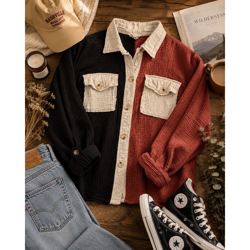 Fantastic Fawn Colorblock Gauze Button Up Shirt Black Rust Cream Size S